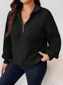 SHEIN Frenchy 大尺寸拉鍊設計羅紋毛衣套頭衫 - 黑色 - 查看 4