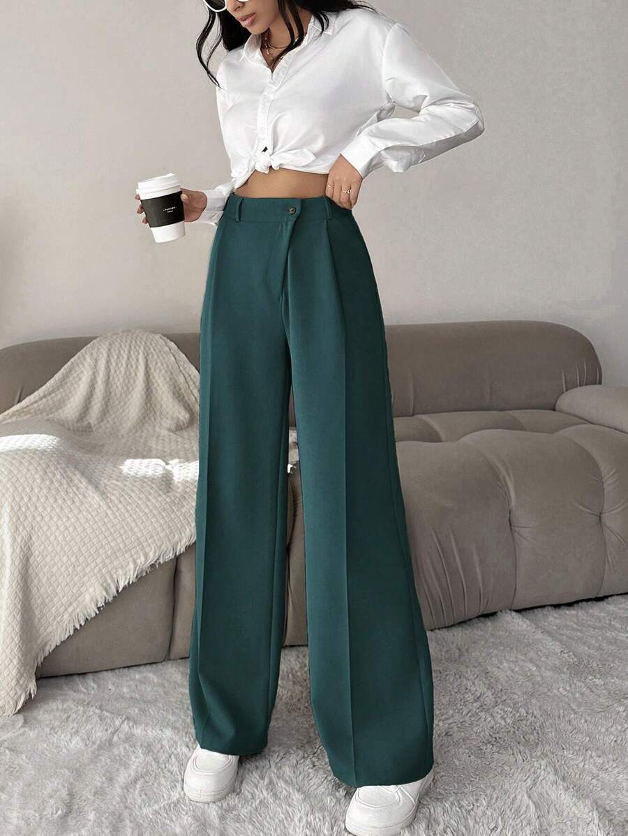 EURMUSE Women's Wide Leg Slacks With Pleat Detailing - Teal Blue - View 1