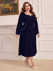 Modelyn 大码女式长袖褶皱连衣裙长款晚礼服 - 藏蓝色 - 查看 1