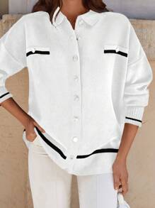 SHEIN Striped Trim Drop Shoulder Button Front Cardigan - Beige - View 3