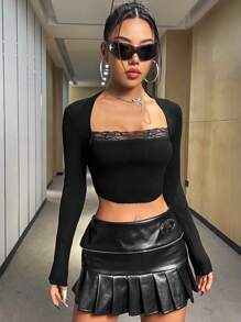 SHEIN Unity Women's Contrast Lace Ribbed Knit Pullover Fall Winter Sweater - Black - View 3