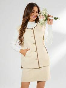 GENKIRA Ensemble Deux Pièces Gilet Et Jupe À Bordure De Couleur Contrastée Pour Femmes - Camel - Voir 5