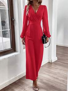 SHEIN LUNE Solid Color Sheer Mesh Contrast Lantern Sleeve Jumpsuit - Red - View 6