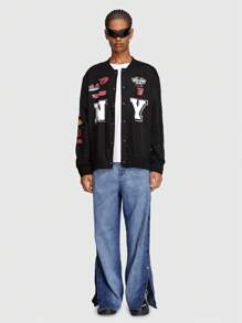 ROMWE MEN Prep Men's Letter Printed Baseball Jacket - Black - View 1