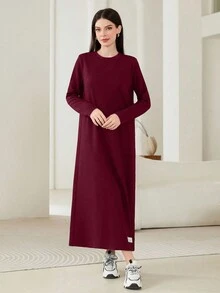 Mulvari 勃艮第红色圆领长袖连衣裙 - 酒紅色 - 查看 4