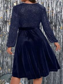 SHEIN Clasi 大尺碼天鵝絨連身裙,裹領燈籠袖亮片裝飾 - 藏蓝色 - 查看 2