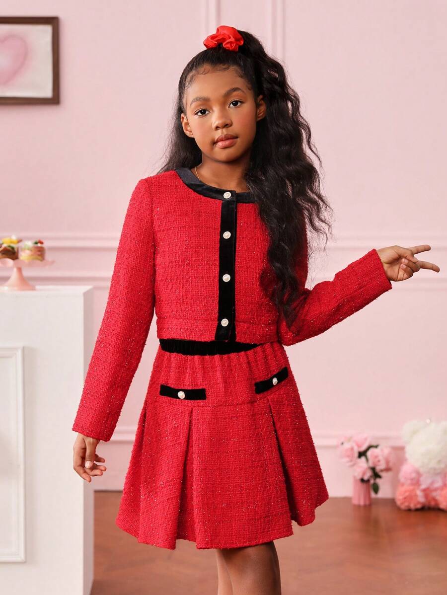 SHEIN Traje De Vestido De Moda Tejido Para Niñas Inspirado En Bloques De Colores - Rojo - Ver 1