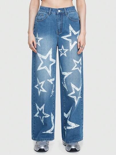 Street Life Ladies' Straight-leg Light Blue Star Printed Jeans