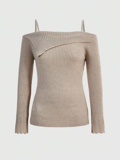 Fairycore Slim Ribbed Knit Scoop Sleeve Sweater