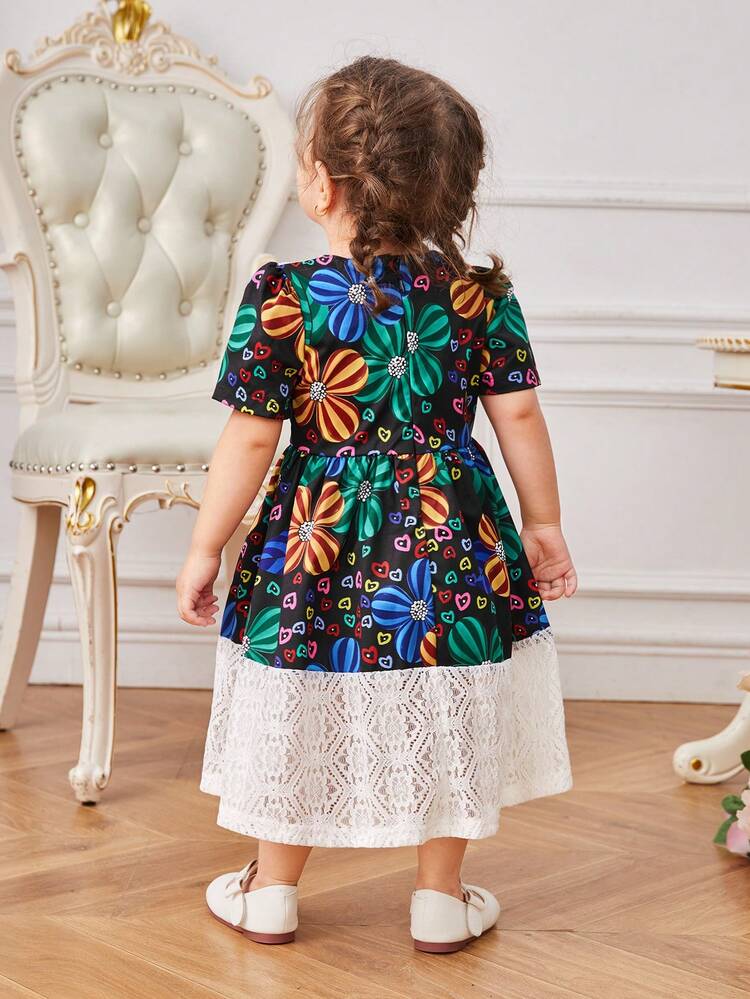 Baby Girl Spring Classic Floral Print Splicing Lace Cute Daily Casual Elegant Gorgeous Dress