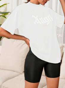 SHEIN Cottnline Rhinestone Letter Decor Short Sleeve T-shirt - White - View 4