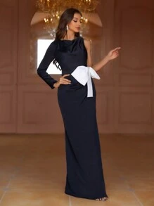 SHEIN Belle Elegant And Sexy Ladies Valentine's Day Date Classic Black High Slit Contrast Color Bow One Shoulder Long Sleeve Evening Dress Formal Prom Wedding Guest Gown, For Graduation, Dinner