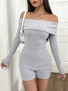 SHEIN Unity Của phụ nữ Màu thuần Off Shoulder Đồ đan Ribbed Romper - Xám - Xem 5