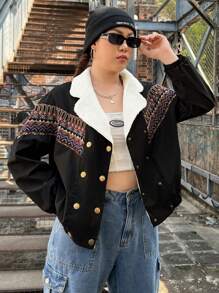 SHEIN EZwear Plus Geo Print Teddy Lined Jacket - Multicolor - View 3