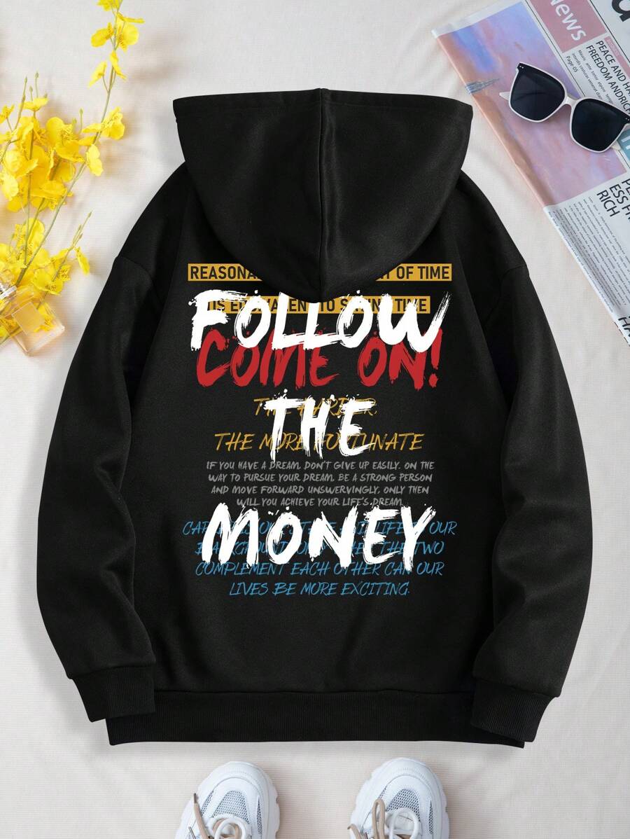 SHEIN EZwear 大码女式标语印花卫衣 - 黑色 - 查看 1