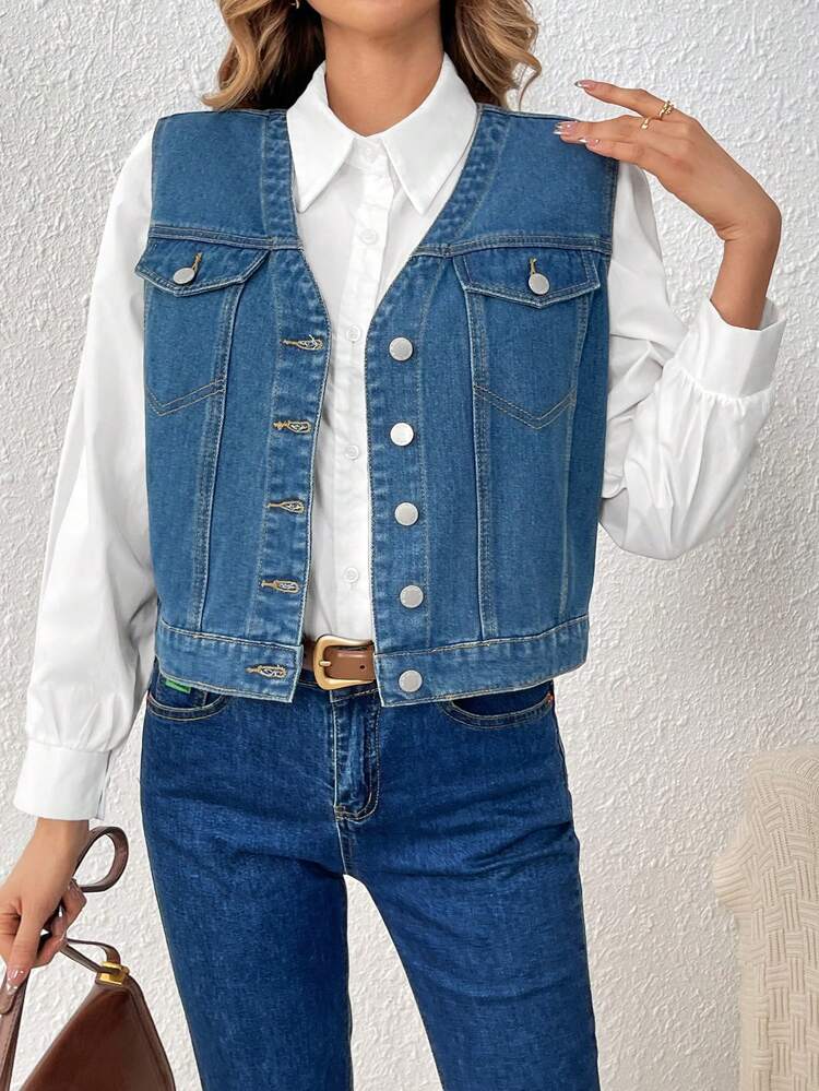 Denim Vest With Flip Detail, Button Up