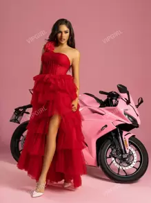 Women's Oblique Shoulder 3D Cake Style Mesh Flare Dress High Slit Evening Dress