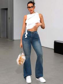 SHEIN ICON Jeans Acampanados Con Borde Fruncido Y Lavado - Azul - Ver 4