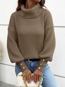 Women's Loose High Neck Sweater, Casual Formal Ribbed Knit Button Up Long Sleeve Pullover, Nutmeg Color, Long Sleeve Top - Mocha Brown - View 4