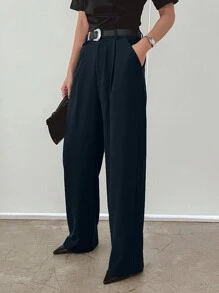 DAZY Solid Color Slanted Pocket Suit Trousers Without Belt - Navy Blue - View 6