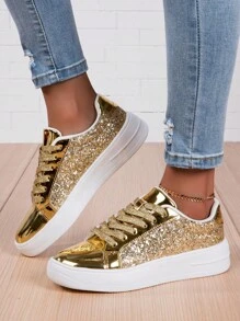 Fall/Winter Women's Casual Sports Shoes, Fashionable All-Match Shiny Surface Women's Shoes, Comfortable And Lightweight Skate Shoes,Sneakers For Women - Gold - View 5