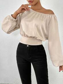 SHEIN Privé Women's Asymmetrical Collar Batwing Sleeve Shirt - Champagne - View 6