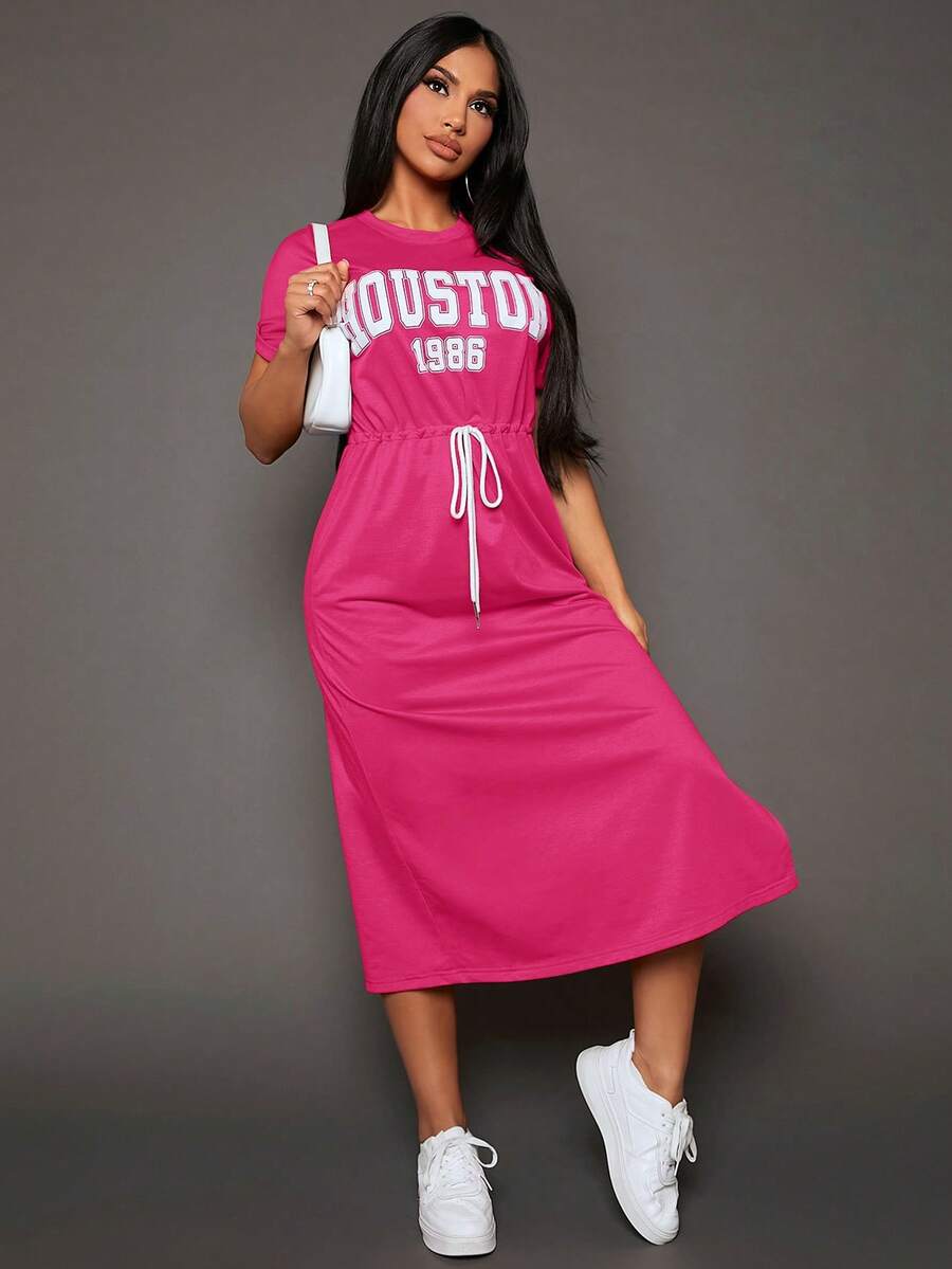 SHEIN SXY Của phụ nữ Khe nứt bên Eo dây rút Lá thư In Đầm - Màu Hồng Tươi - Xem 1