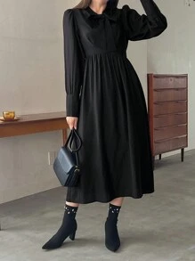 纯色腰带长袖连衣裙，秋季服装长款连衣裙 - 黑色 - 查看 3
