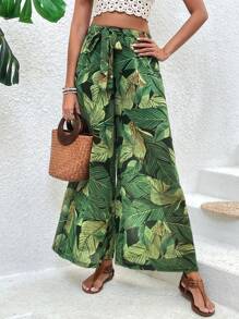 SHEIN VCAY 熱帶植物印花寬腿褲 - 綠色 - 查看 5