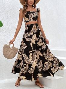 SHEIN VCAY 女性植物印花波浪袖上衣和裙子套裝 - 彩色 - 查看 3