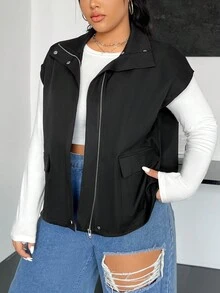 SHEIN EZwear Plus Size Flap Pocket Jacket - Black - View 6