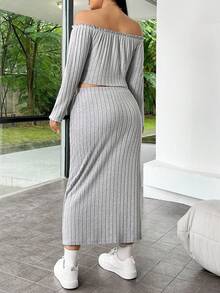 SHEIN EZwear 大尺寸萵苣邊T卹和裙子套裝 - 灰色 - 查看 2