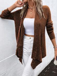 SHEIN LUNE 女款純色披肩領開衫不對稱下擺針織衫 - 咖啡棕 - 查看 5