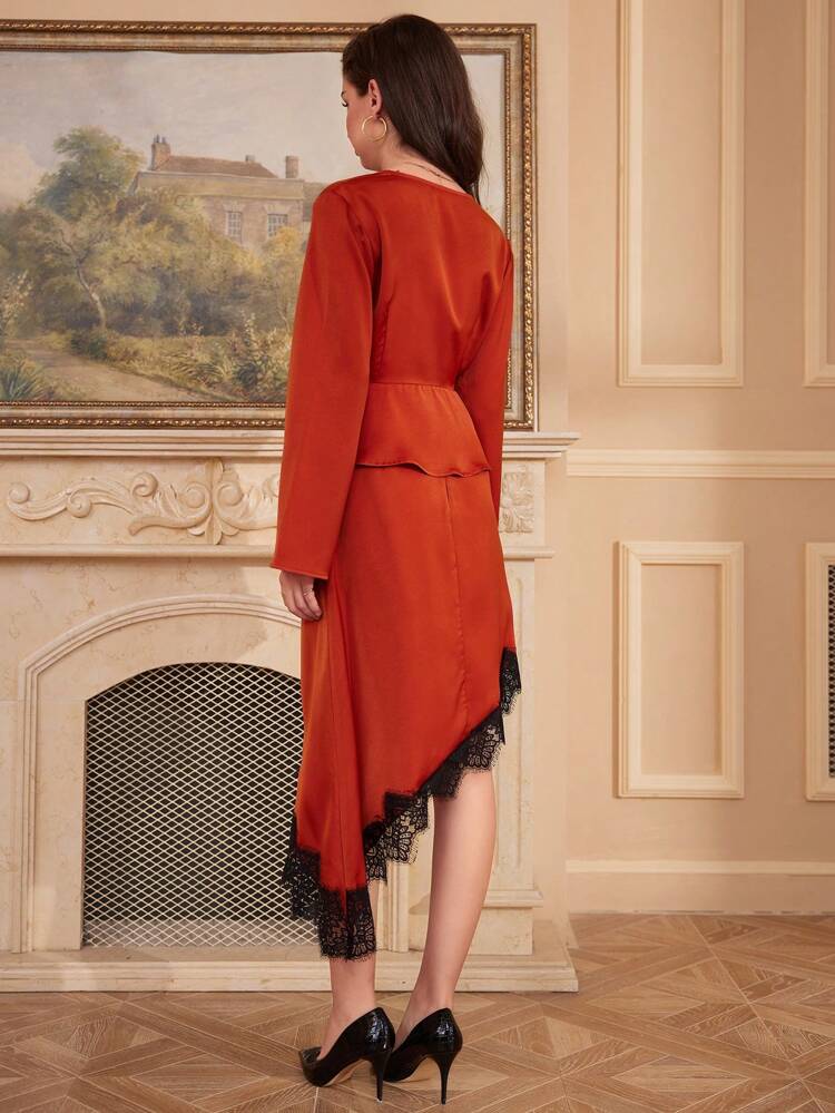 Women's Elegant Lace Patchwork Top And Skirt Set Fall Cloth For Women