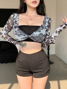 Dazy Designer 1 件扭結細節長袖短版花卉上衣 - 灰色 - 查看 6