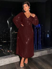 Allurite Plus Size V-neck Bell Sleeve Dress - Burgundy - View 3