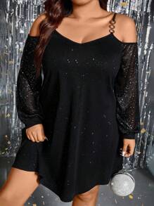 SHEIN LUNE Váy lấp lánh hở vai cỡ lớn - màu đen - Xem 5