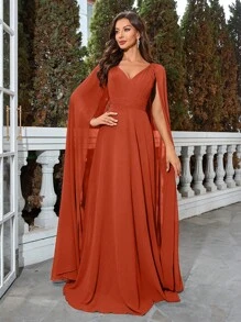 UNITHORSE Solid Color Pleated Splice Cape Sleeve Dress - 橘色 - 查看 3