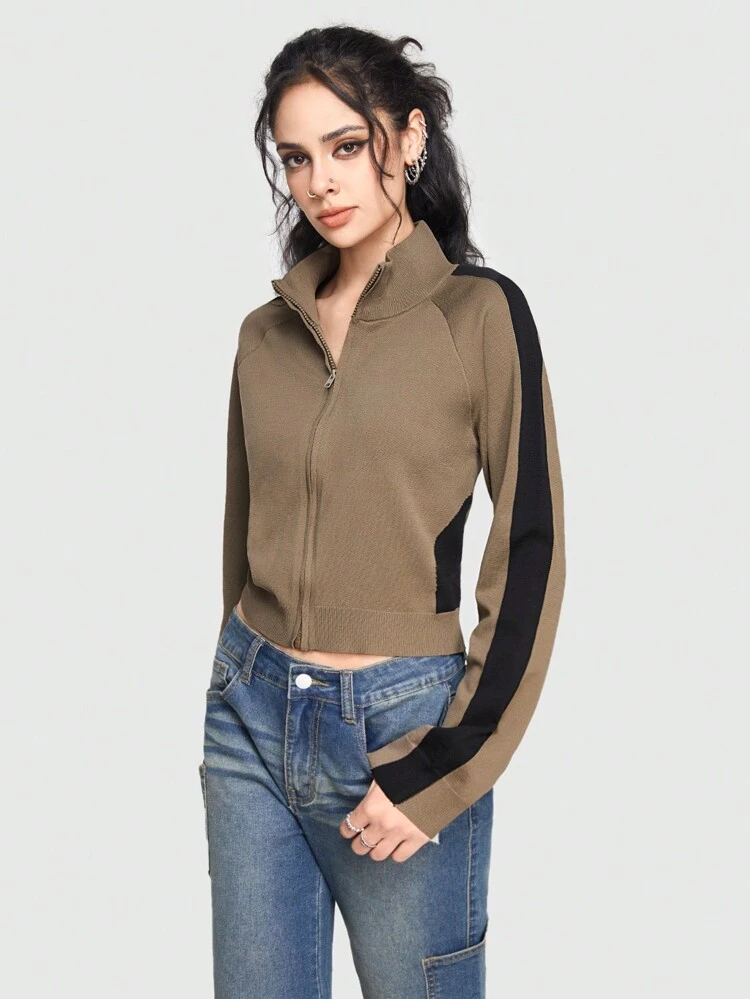 Women's Color Block Patchwork Zipper Cardigan
