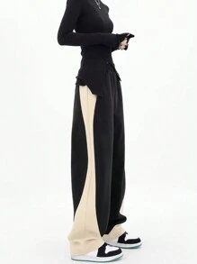 INAWLY 女士彩色拼接束腰運動褲 - 黑色 - 查看 1