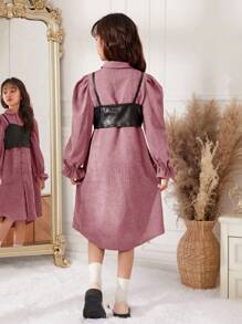 SHEIN 女孩優雅寬鬆pu打底連身裙,細肩帶和灰色灰絨修補拼接 - 淺粉色 - 查看 2