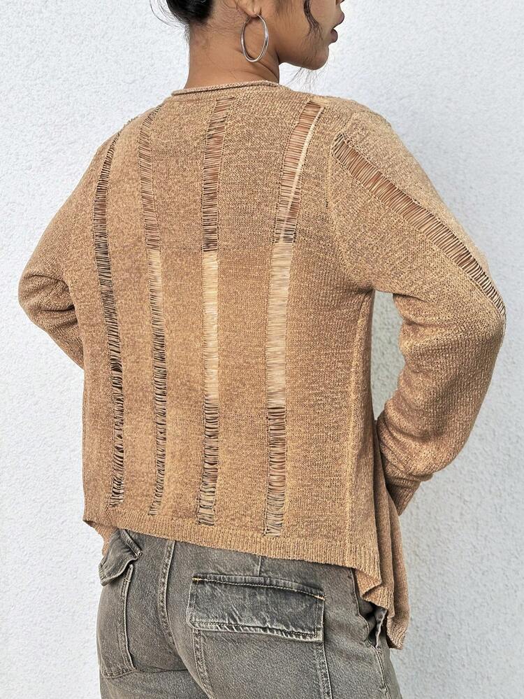 Ladies Solid Color Distressed Cardigan