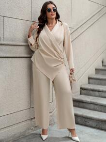 SHEIN Unity 大码优雅纯色不对称下摆上衣和裤子套装 - 杏色 - 查看 6