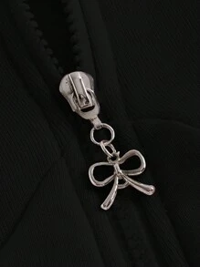 ROMWE Kawaii 拼色綁帶拉鍊前開口束口連帽衛衣 - 黑色 - 查看 3