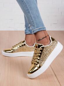 Fall/Winter Women's Casual Sports Shoes, Fashionable All-Match Shiny Surface Women's Shoes, Comfortable And Lightweight Skate Shoes,Sneakers For Women - Gold - View 2