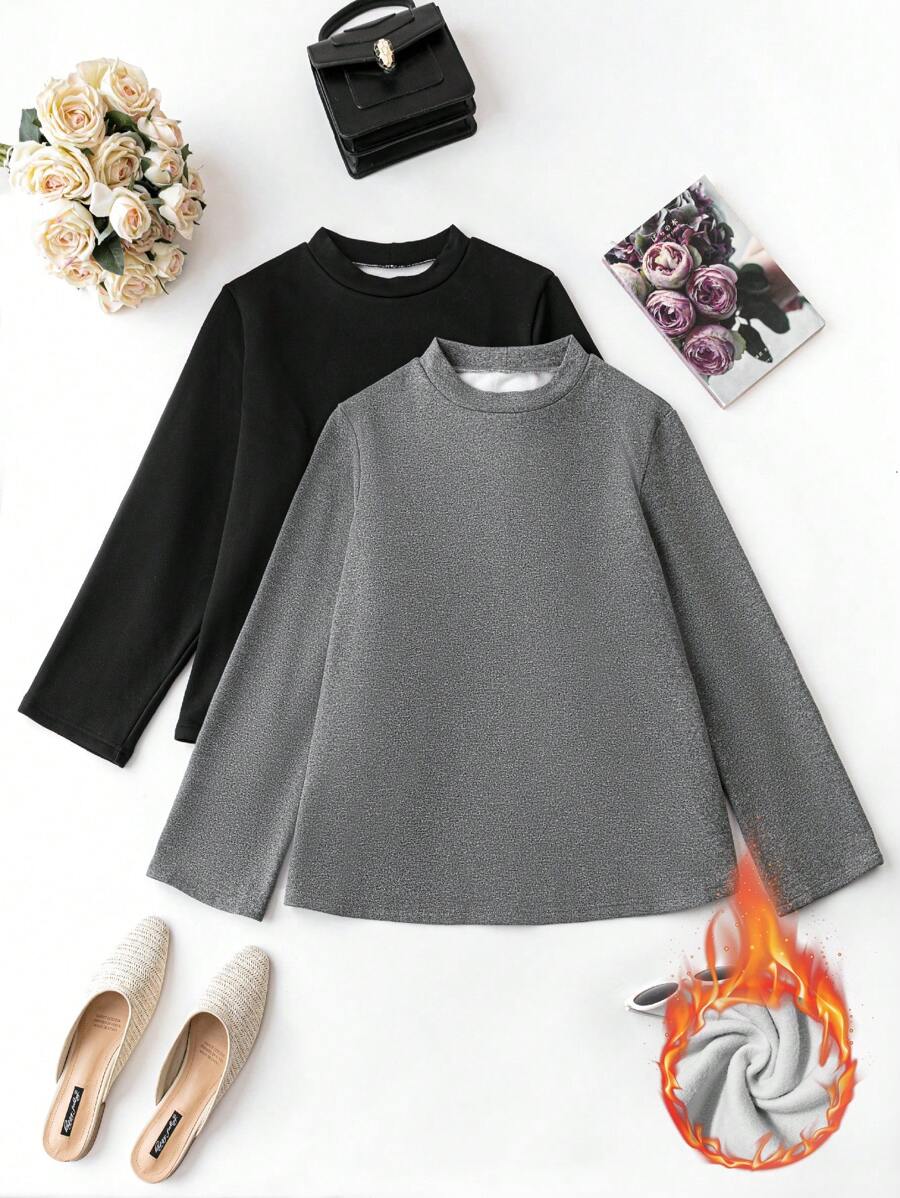 SHEIN LUNE Plus Size Half High Collar Solid Color Long Sleeve T-shirt - Multicolor - View 1