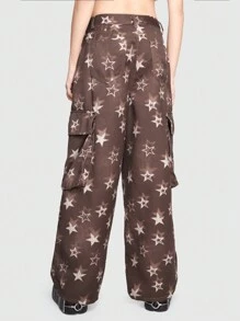 ROMWE Grunge Punk Star Printed Cargo Pants With Large Pockets - Brown - View 3