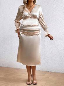 Celure Ladies' Plus Size V-neck Ruched Waist Pleated Dress