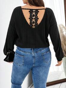 SHEIN Frenchy Plus Size Lace Decorated Long Sleeve T-shirt - Black - View 4