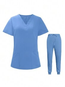 Conjunto De Uniformes De Enfermera Compuesto Por Una Camiseta Sólida Con Cuello En V Y Pantalones De Chándal Con Cintura Ajustable Y Cordón - Azul - Ver 3